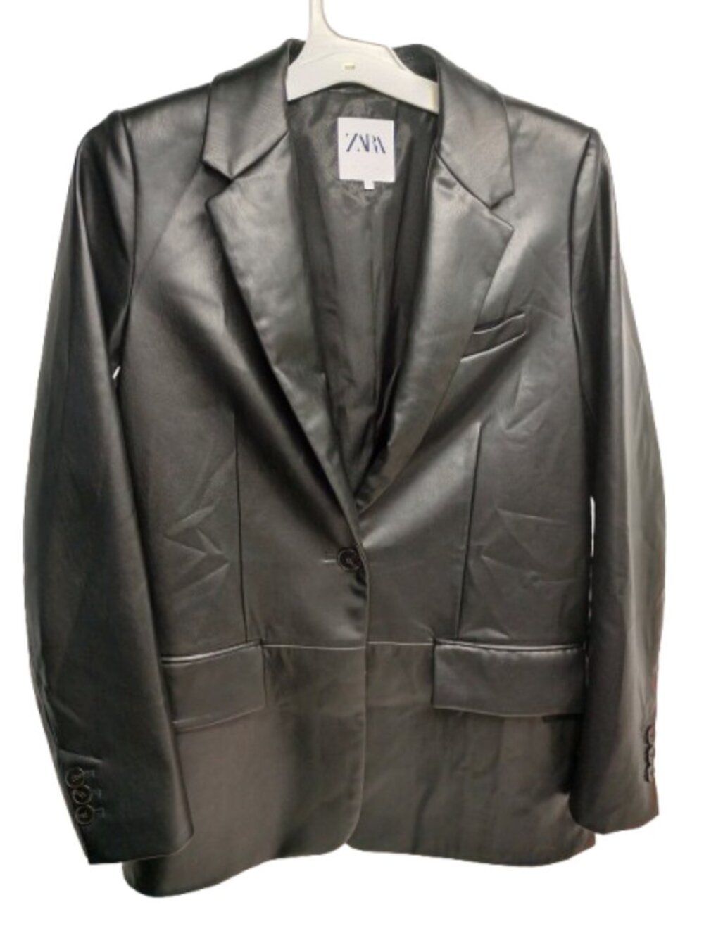 Zara Black Faux Leather Single Button Blazer Jacket Women's XS